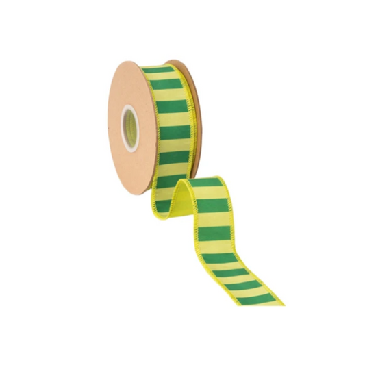1 1/2" Wired Dupioni Ribbon | Green/Lime Horizontal Stripe w/ Green Backing | 10 Yard Roll