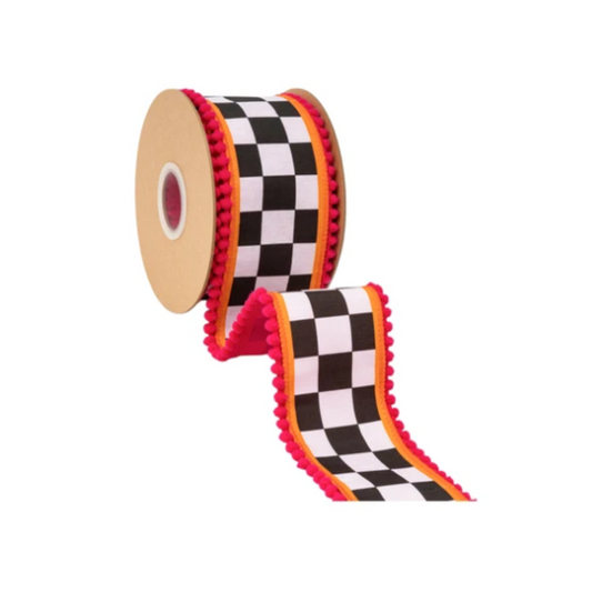 Black White Check Hot Pink Pom Pom Orange Edge Wired Ribbon – 2.5" x 10 Yards,  Wreath Ribbon