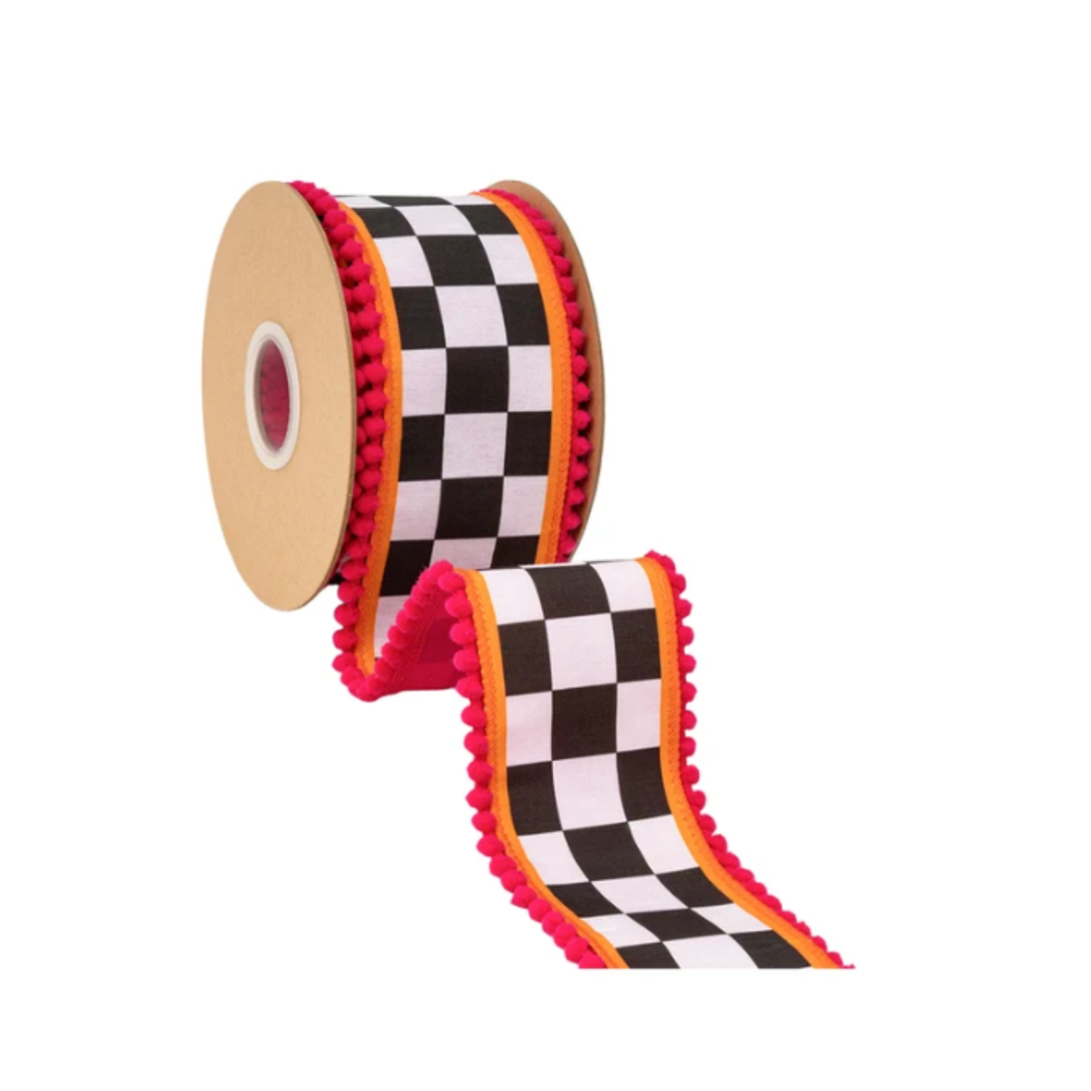 2 1/2" Wired Dupioni Ribbon | Large Black/White Check with Orange and Pink Pom Pom Edging w/ Pink Backing | 10 Yard Roll