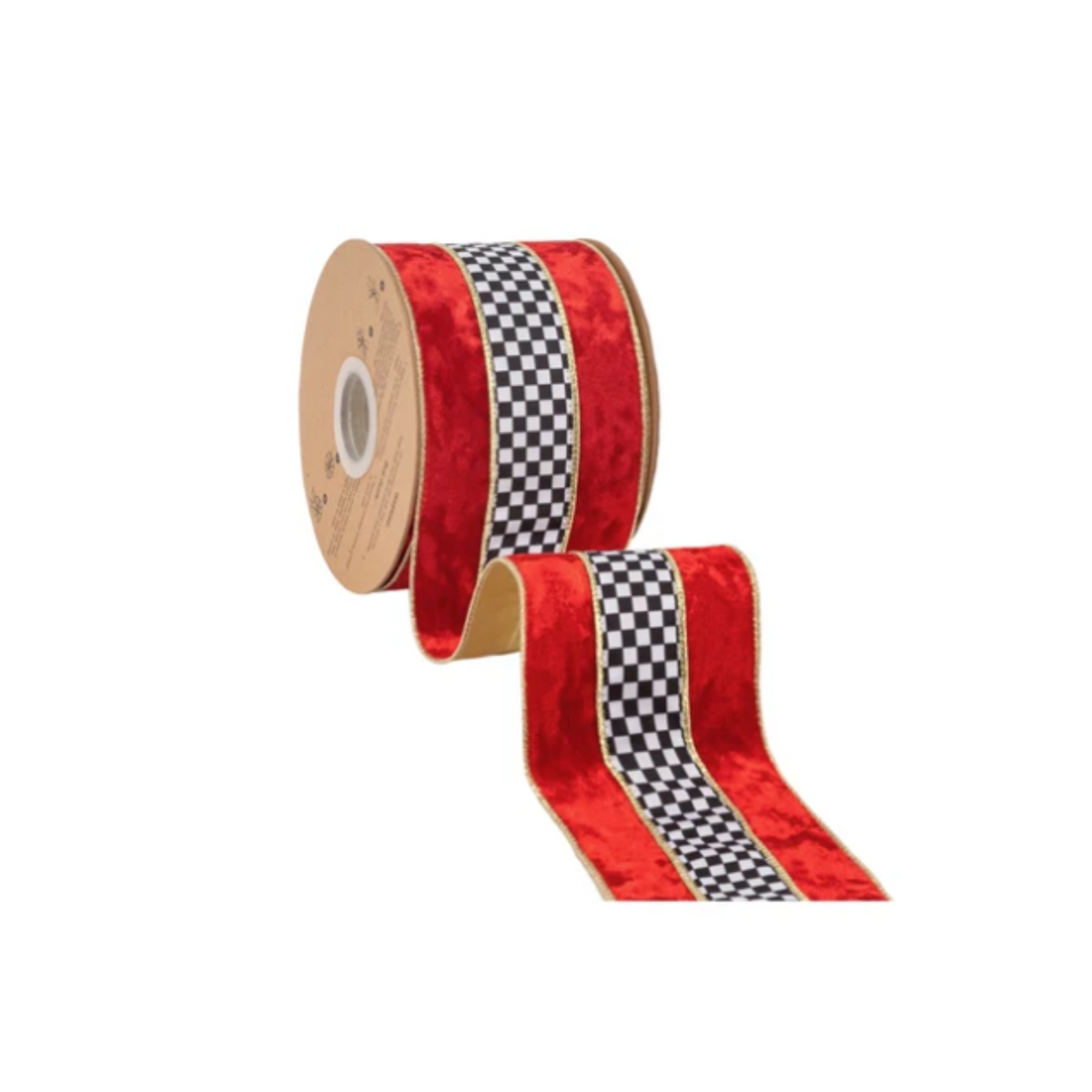 4" Wired Velvet Ribbon | Black/White Check w/ Red Banded Velvet w/ Gold Backing | 10 Yard Roll