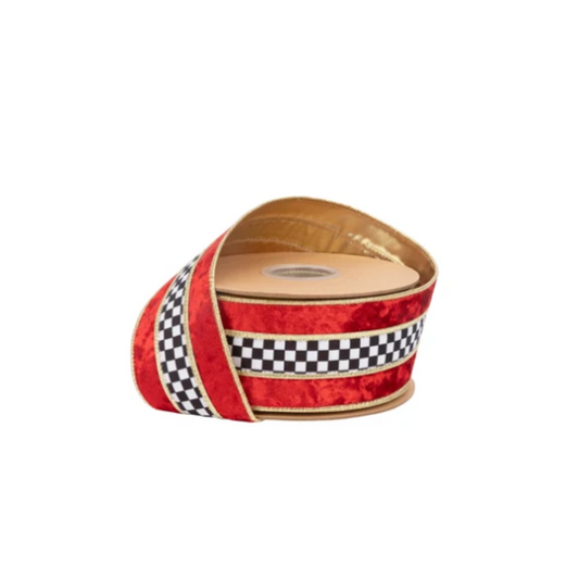 2 1/2" Wired Velvet Ribbon | Black/White Check w/ Red Banded w/ Gold Backing | 10 Yard Roll