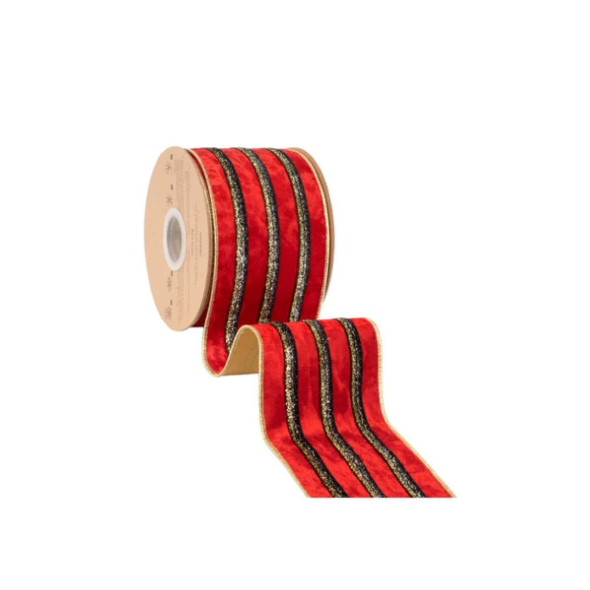 4" Wired Velvet Ribbon | Red w/ Black/Gold Metallic Trim w/ Gold Backing| 10 Yard Roll
