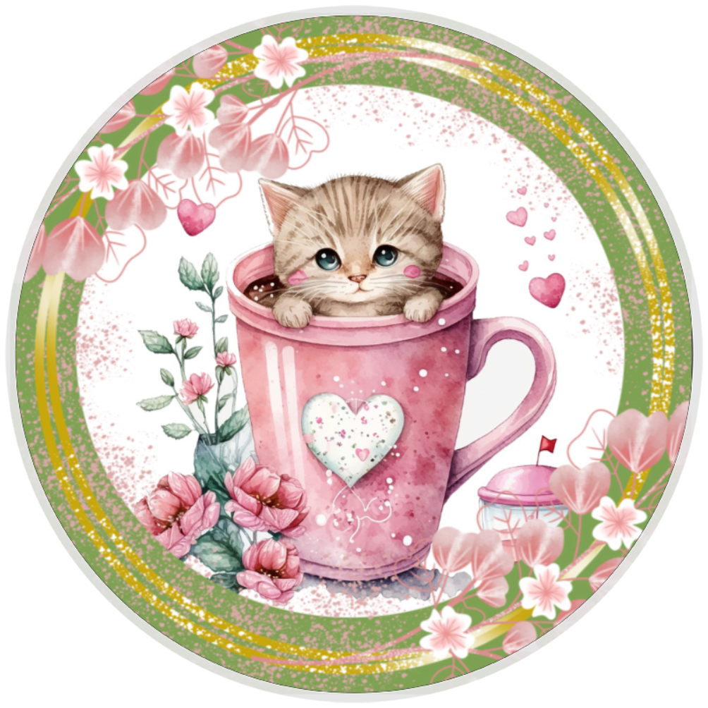 10” Heart Mug Kitten Sign, Home Decor, Aluminum, The Ritzy Cactus