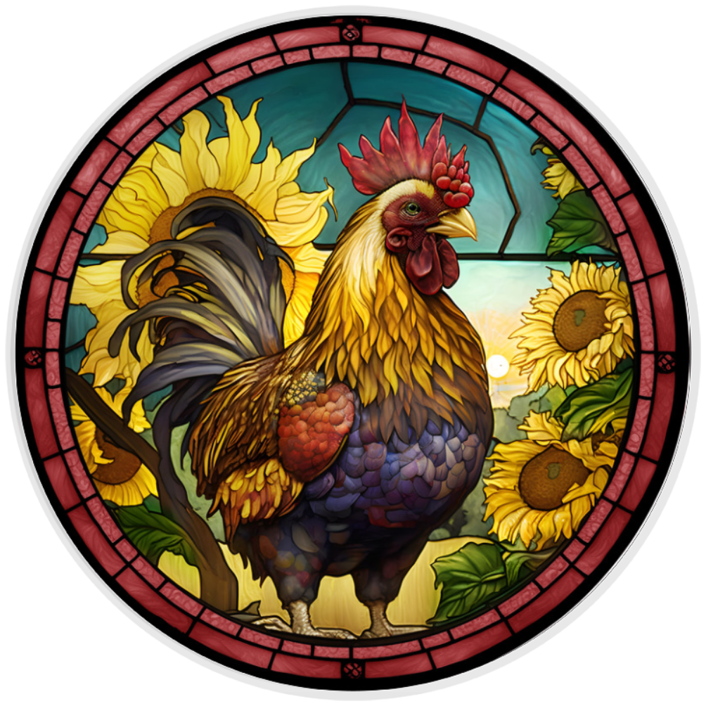10” Stained Glass Rooster Wreath Sign, Home Decor, Aluminum, The Ritzy Cactus