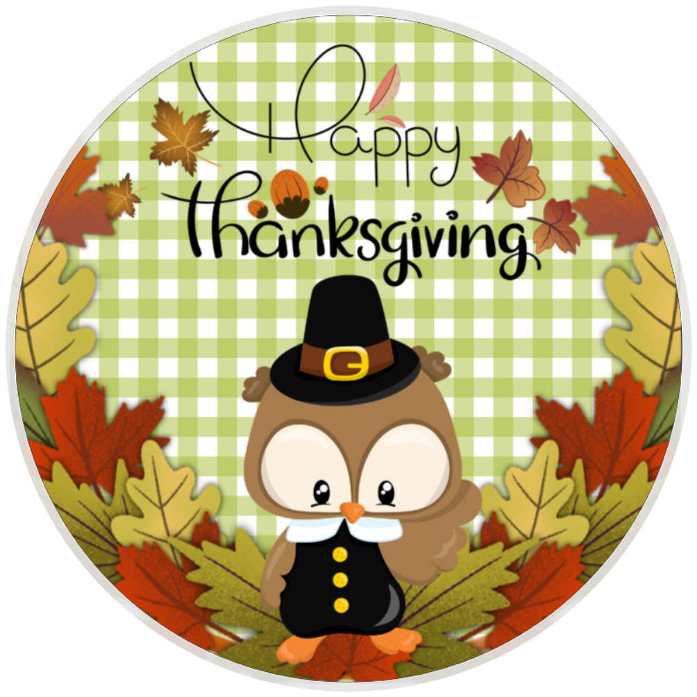 10” Happy Thanksgiving Pilgram Owl Wreath Sign, Home Decor, Aluminum, The Ritzy Cactu