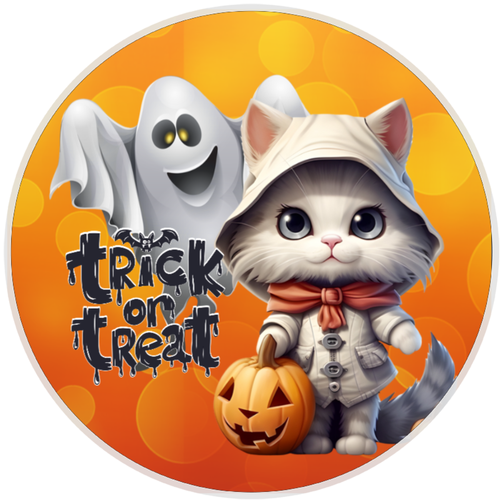 10” Trick Or Treat Cat Ghost Halloween Sign, Home Decor, Aluminum, The Ritzy Cactus