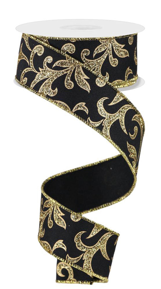Black Gold Acanthus Leaf Wired Ribbon by RG Ribbon – 1.5" x 10 Yards, Holiday Wreath Ribbon, Craft Supplies