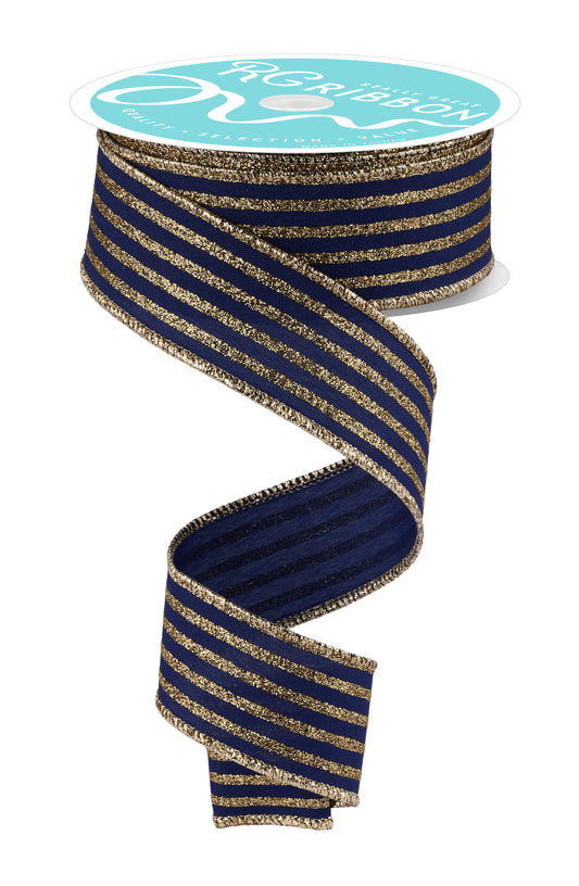 Blue & Glitter Gold Vertical Stripe Wired Ribbon by RG Ribbon – 1.5" x 10 Yards, Wreath Ribbon, Craft Supplies