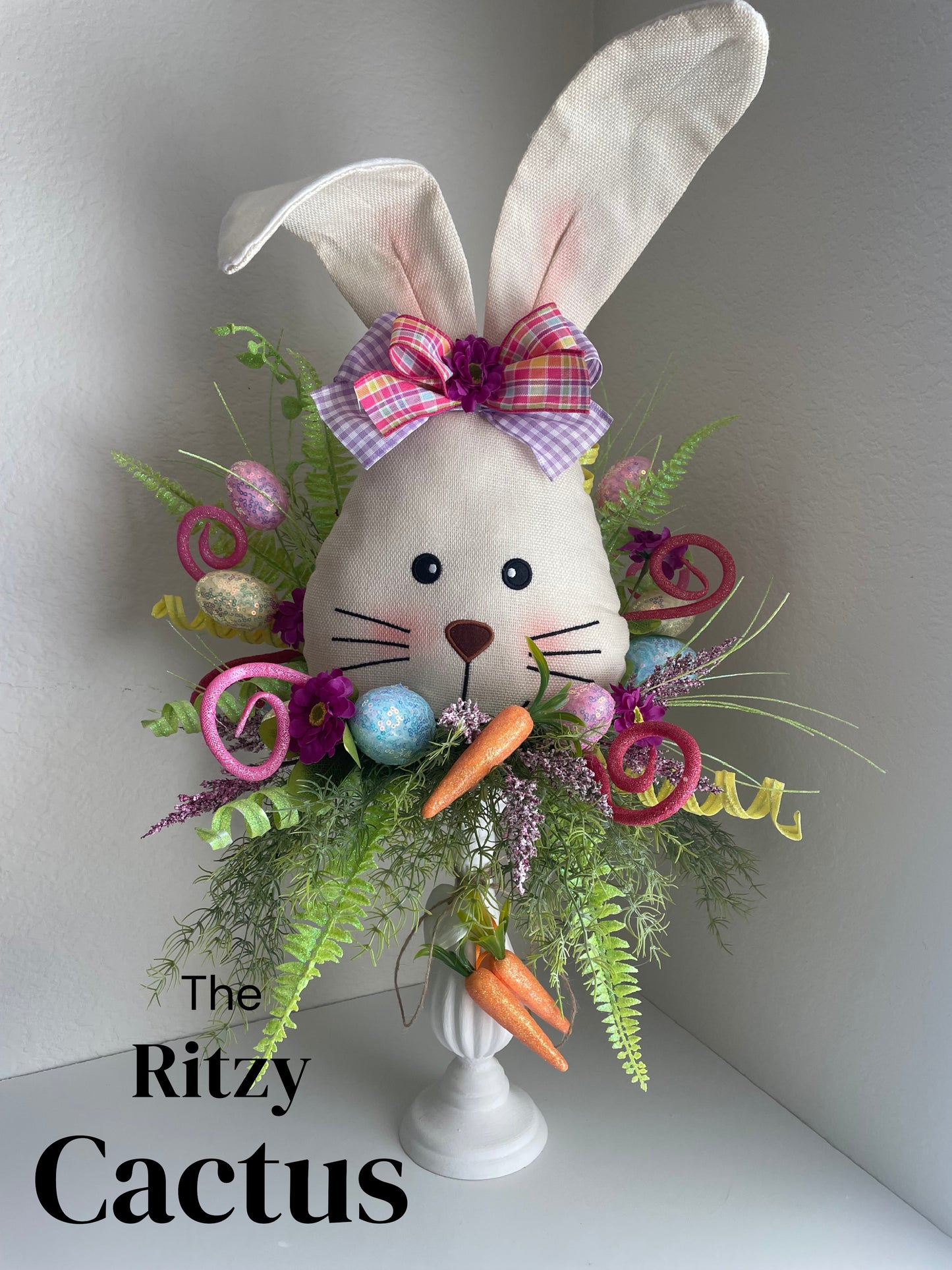 Easter Bunny Pedestal Floral Tabletop Decoration 28 Inches - One of a Kind Easter Decor Tabletop Wreath