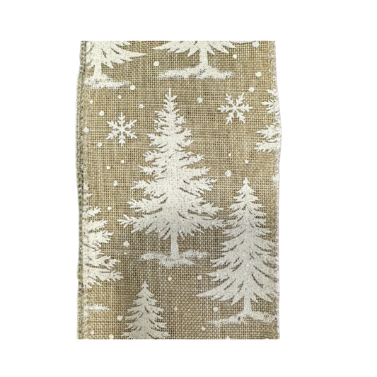 Tan Base Burlap Glitter White Christmas Trees Wired Ribbon – 2.5" x 10 Yards, Wreath Ribbon