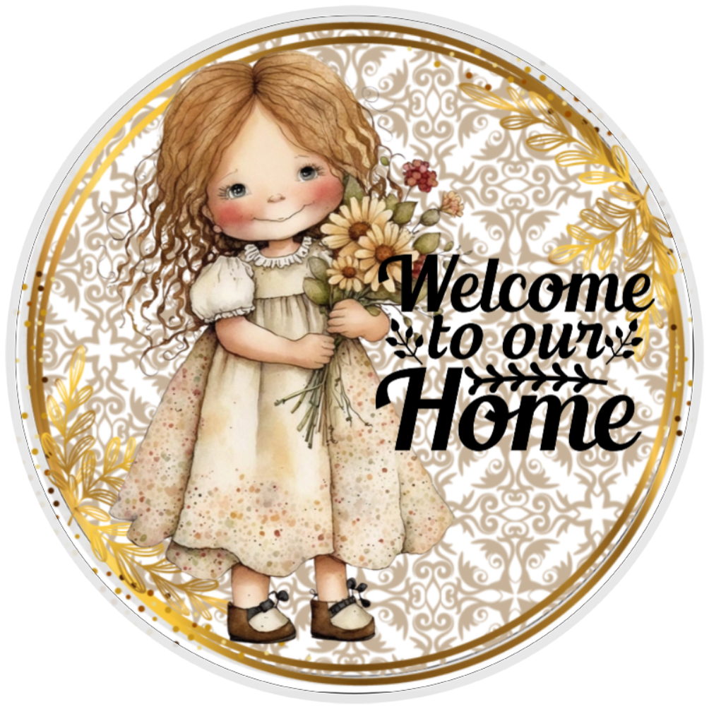 10” Dolly Welcome To Our Home Wreath Sign, Home Decor, Aluminum, The Ritzy Cactus