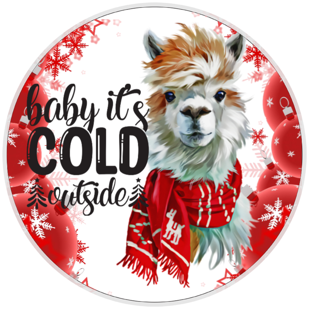10” Baby It’s Cold Llama Winter Wreath Sign, Home Decor, Aluminum, The Ritzy Cactus