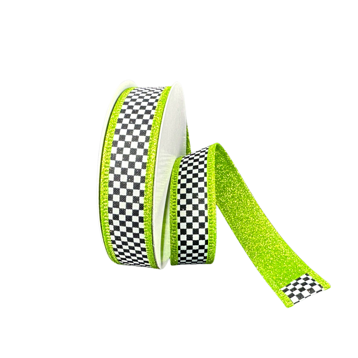 Black White Checkered Lime Glitter Back Wired Ribbon  – 1" x 10 Yards, Wreath Ribbon