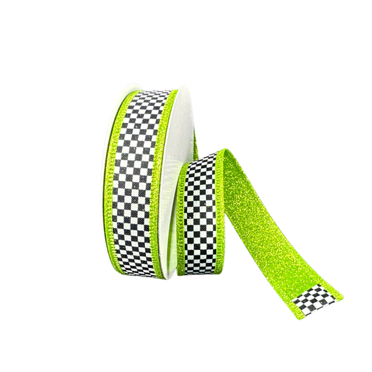 Black White Checkered Lime Glitter Back Wired Ribbon  – 1" x 10 Yards, Wreath Ribbon