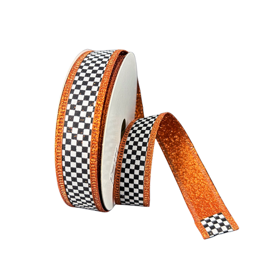Black White Checkered Orange Glitter Back Wired Ribbon  – 1" x 10 Yards, Wreath Ribbon