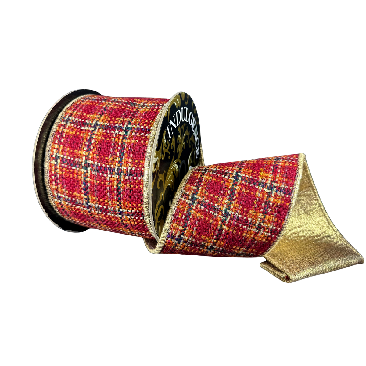 Burgundy Tweed Double Sided Gold Indulgence Wired Ribbon  – 4" x 5 Yards, Wreath Ribbon