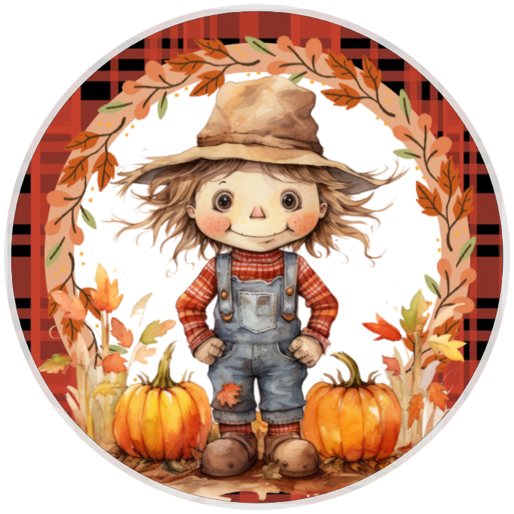10” Red Plaid Scarecrow Sign, Home Decor, Aluminum, The Ritzy Cactus