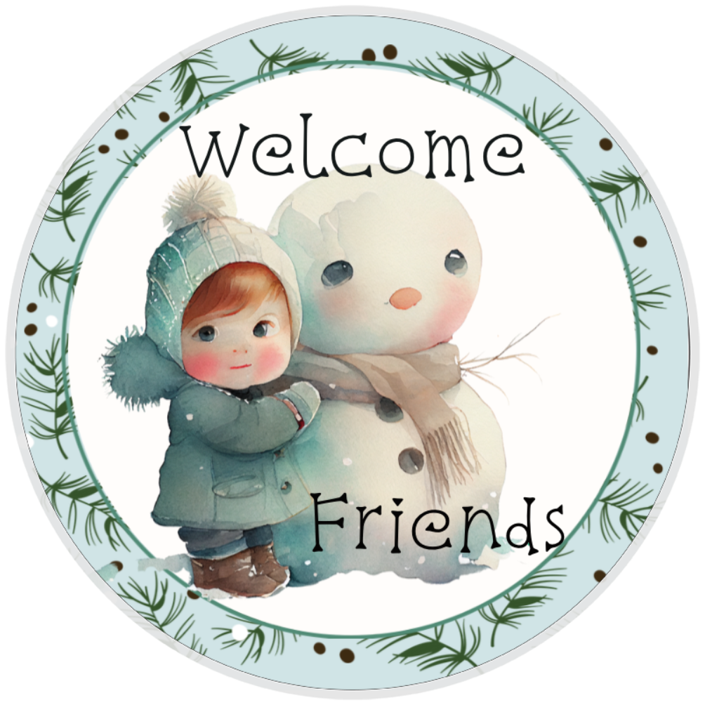 10” Welcome Friends Snowman Little Girl Wreath Sign, Home Decor, Aluminum, The Ritzy Cactus