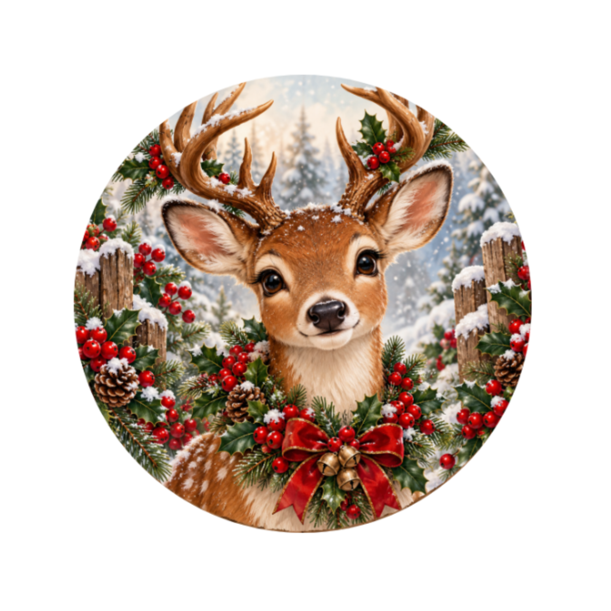 10" Deer Wearing Wreath Metal Wreath Sign,  Christmas Wreath Sign