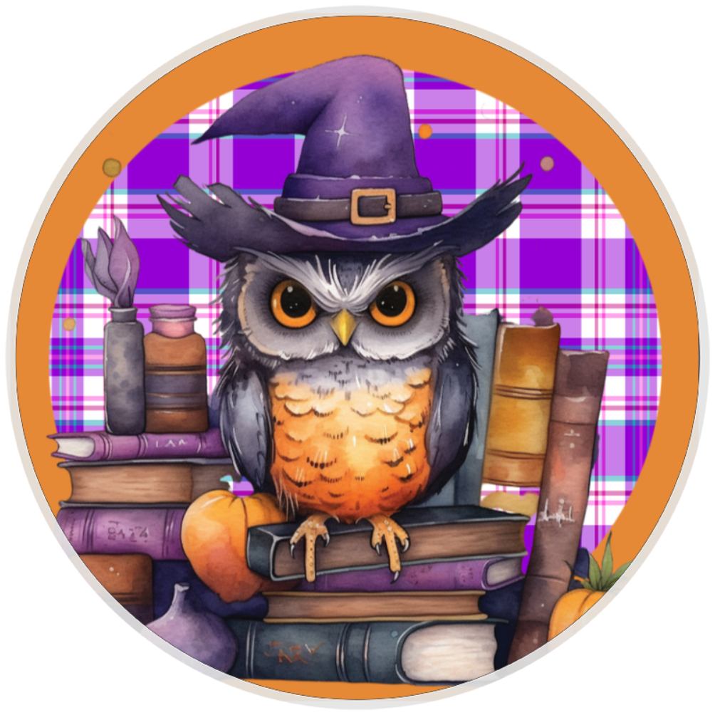 10” Plaid Owl Halloween Sign, Home Decor, Aluminum, The Ritzy Cactus