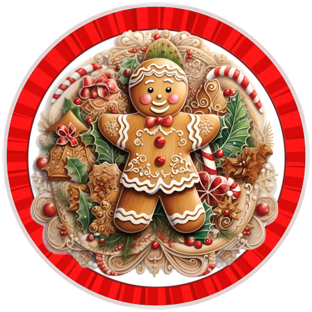 10” Red Striped Gingerbread Sign, Metal Wreath Sign Home Decor, Aluminum, The Ritzy Cactus