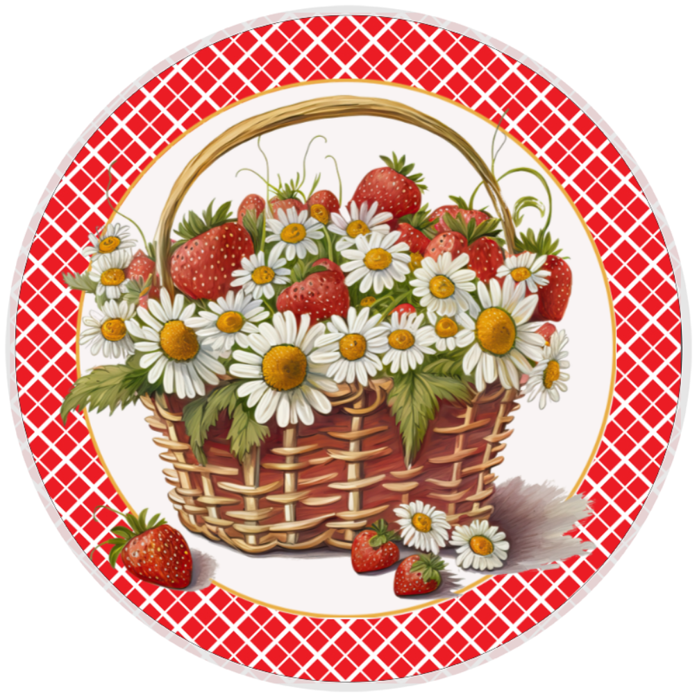 10” Strawberry Daisy Basket Sign, Home Decor, Aluminum, The Ritzy Cactus