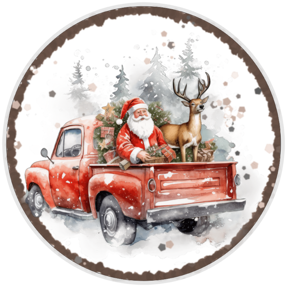 10” Santa Reindeer Truck Christmas Wreath Sign, Home Decor, Aluminum, The Ritzy Cactus