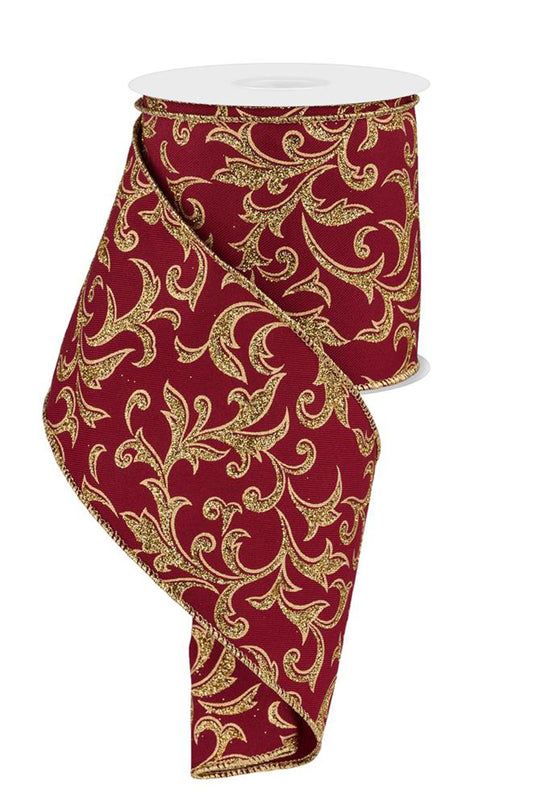 Acanthus Leaf Wine with Gold Wired Ribbon by RG Ribbon – 4.0" x 10 Yards, Holiday Wreath Ribbon,  Craft Supplies