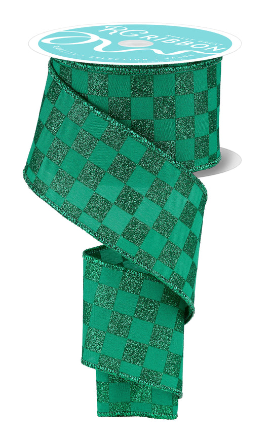 Green Glitter Checked Wired Ribbon – 2.5" x 10 Yards, Holiday Wreath Ribbon, St Patrick's Day, Craft Supplies