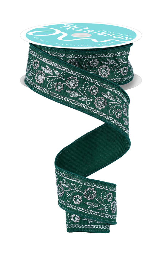 Forest Green Silver Floral Embroidered Look Wired Ribbon by RG Ribbon – 1.5" x 10 Yards, Wreath Ribbon, Craft Supplies