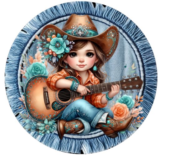 10” Western Guitar Girl Denim Colored Wreath Sign, Wreath Sign, Home Decor, Metal Sign, The Ritzy Cactus
