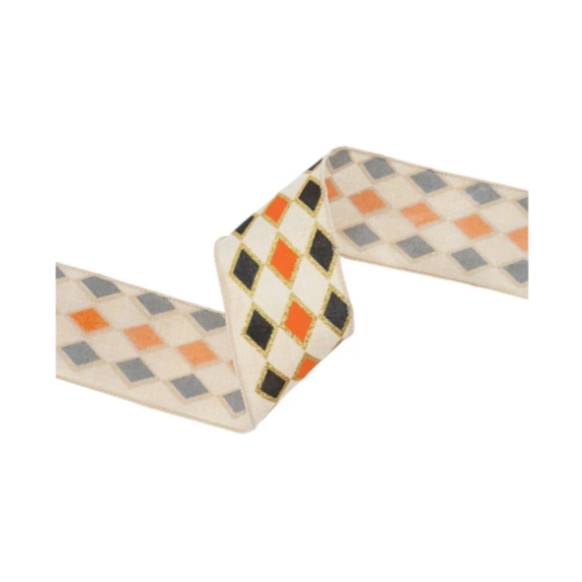 Black Orange Diamond with Glitter Edge on Ivory Wired Ribbon– 2.5" x 10 Yards,  Wreath Ribbon