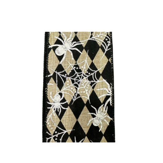 Black Beige Harlequin Spider Halloween Wired Ribbon by JAS Ribbon – 2.5" x 10 Yards, Wreath Ribbon, Craft Supplies, The Ritzy Cactus