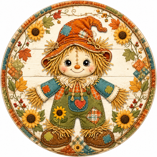 10" Patchwork Scarecrow Fall Sign, Metal Wreath Sign,  Wreath Sign