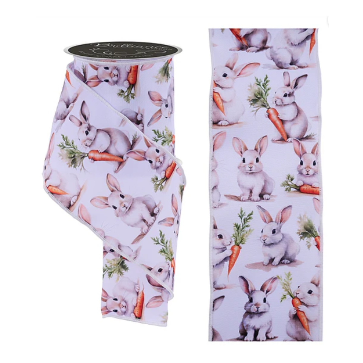 Rabbits with Carrots Wired Ribbon  – 4" x 10 Yards, Easter Wreath Ribbon
