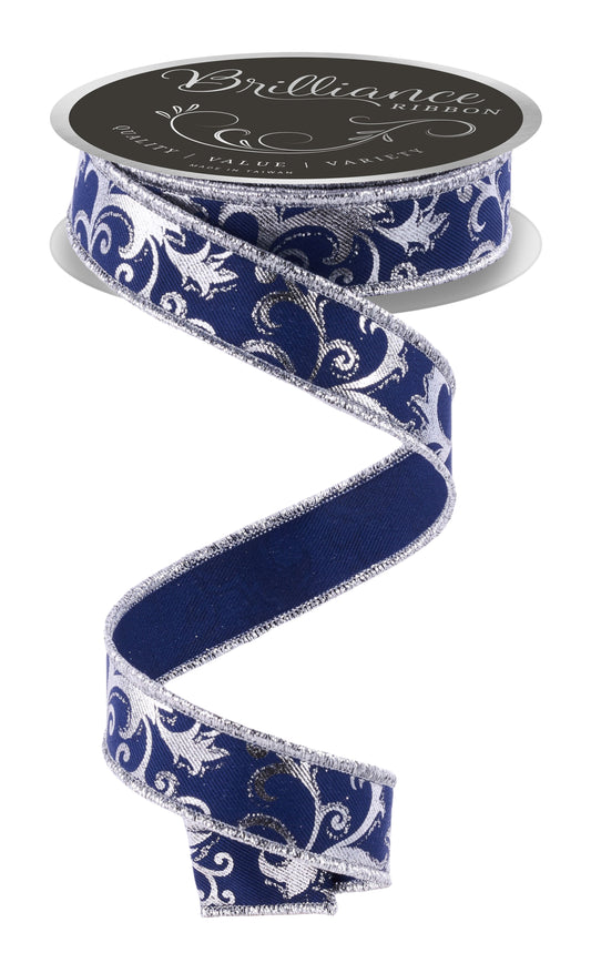 Blue Metallic Silver Foil Swirl Wired Ribbon by LS Ribbon – 7/8" x 10 Yards, Holiday Wreath Ribbon, Craft Supplies