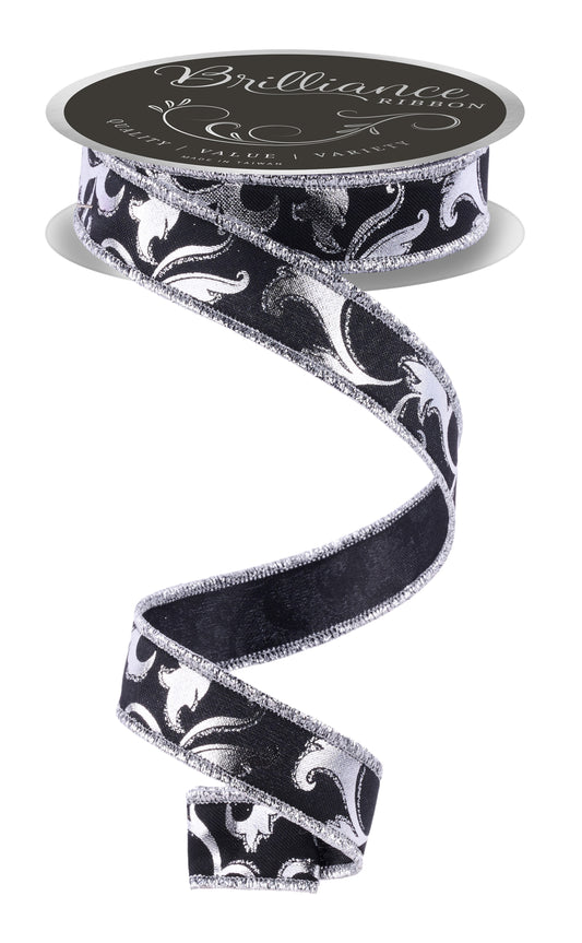 Black Metallic Silver Foil Swirl Wired Ribbon by LS Ribbon – 7/8" x 10 Yards, Holiday Wreath Ribbon, Craft Supplies