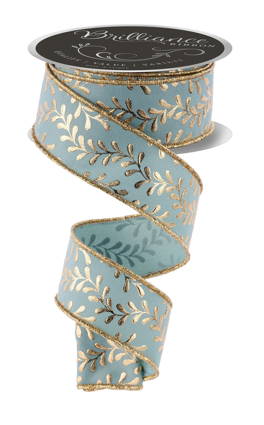 Foil Leaf Garland Wired Ribbon  – 1.5" x 10 Yards, Sage Green and Gold Holiday Wreath Ribbon, Craft Supplies