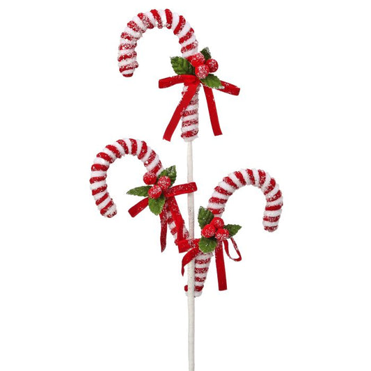24" Red Candy Cane w/Pompom Holly Spray | Whimsical Christmas Wreath Pick | Classic Holiday Decor | Christmas Wreath Embellishment
