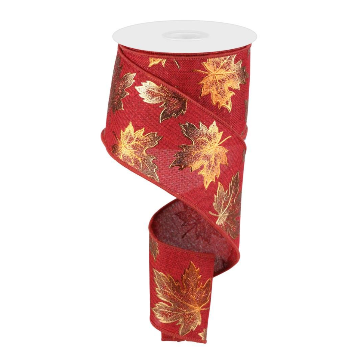 Foil Maple Leaf On Royal Wired Ribbon  – 2.5" x 10 Yards, Wreath Ribbon