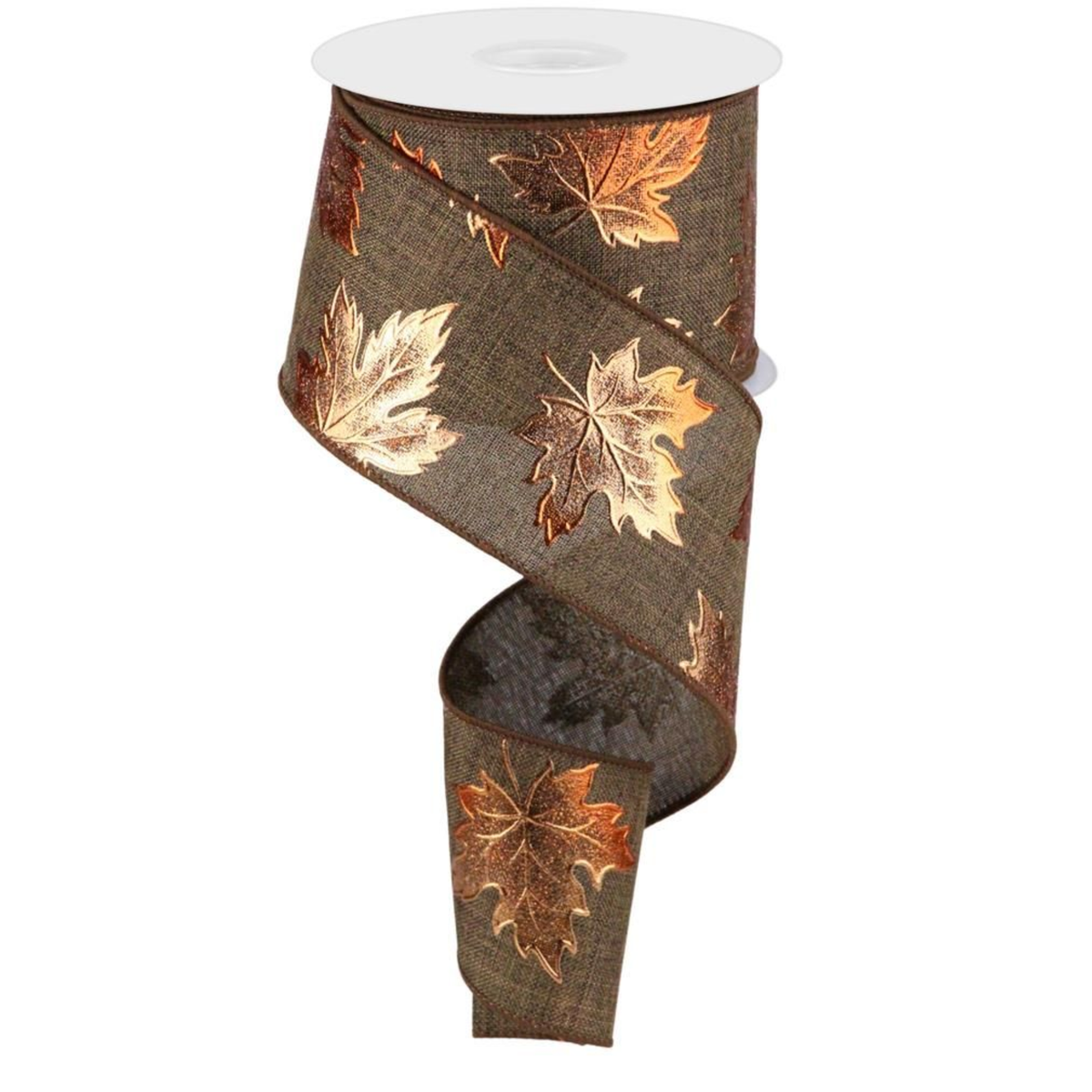 Foil Maple Leaf On Royal Brown Wired Ribbon – 2.5" x 10 Yards, Wreath Ribbon, Craft Supplies, The Ritzy Cactus