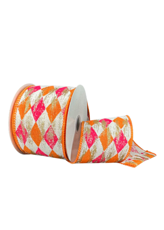 Harlequin Orange Pink and Gold Wired Ribbon – 2.5" x 10 Yards, Halloween Holiday Wreath Ribbon, Craft Supplies