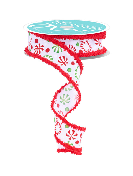 Peppermint Candy Drift Edge Red Trimmed Wired Ribbon by RG Ribbon – 1.5" x 10 Yards, Holiday Wreath Ribbon, Craft Supplies
