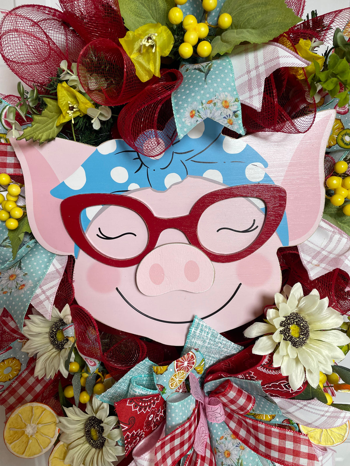 Sassy Pig With Cat Eye Glasses Wreath – Farmhouse Fun with a Twist! - 22 Inches x 35 Inches – One-of-a-Kind Door Décor