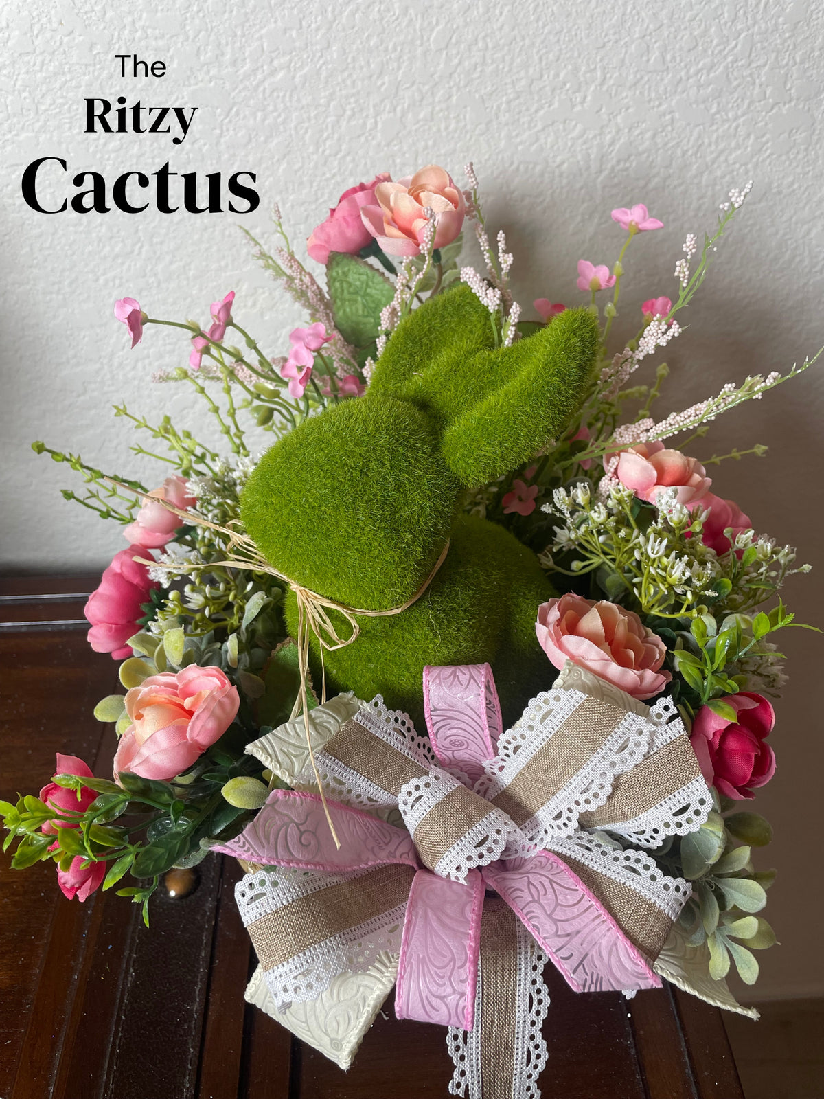 Adorable Flocked Bunny Floral Arrangement Tabletop Decoration 12 x 12 Inches - One of a Kind Easter Decor Tabletop Wreath
