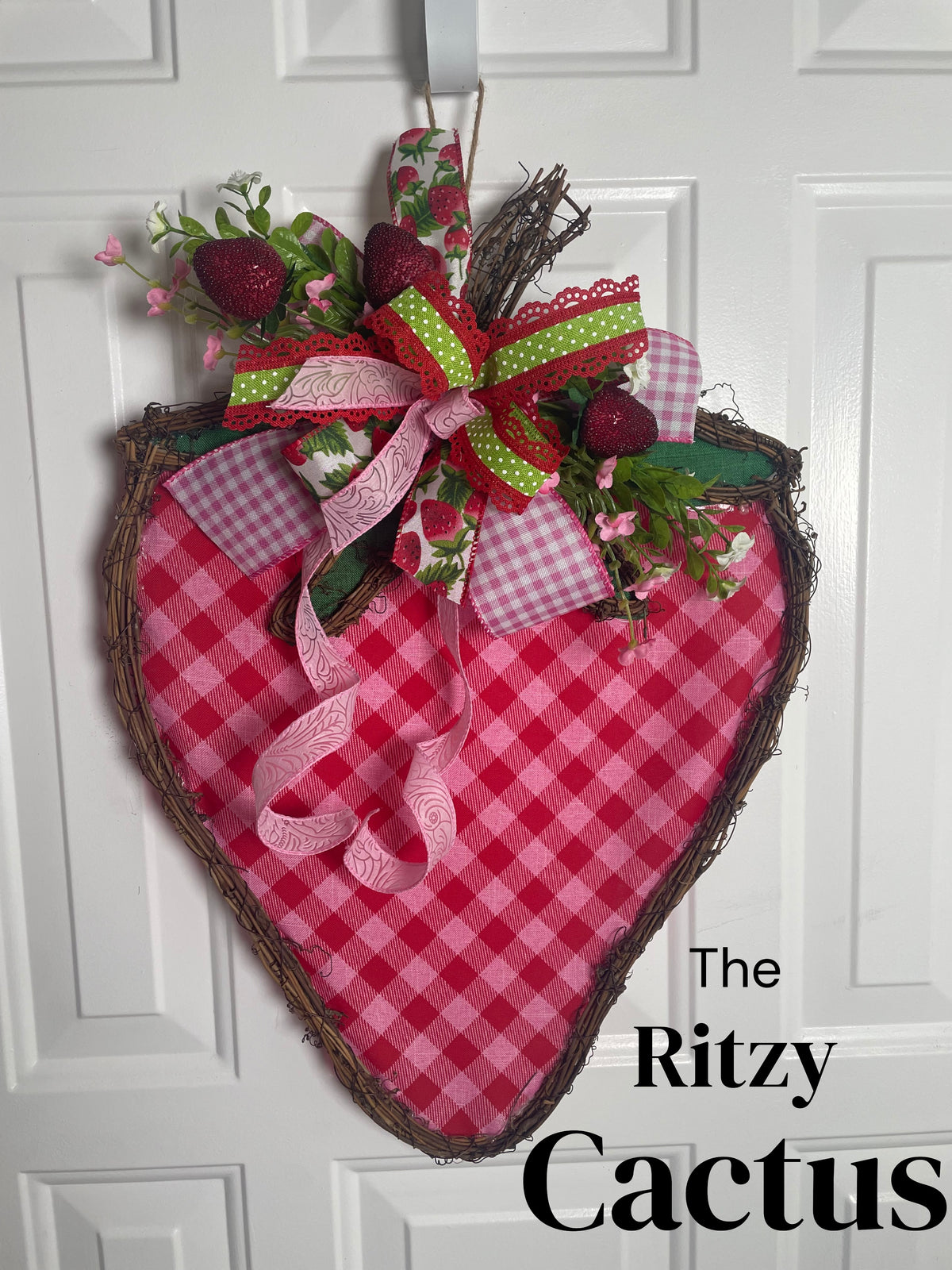 Strawberry Grapevine Fabric Wreath Door Decoration Pink Ribbon - 14 x 21 Inches – One-of-a-Kind Summer Décor (Copy)