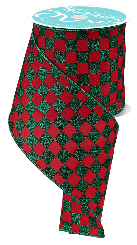 Red Green Glitter Check Wired Ribbon – 4.0" x 10 Yards, Holiday Wreath Ribbon,  Craft Supplies
