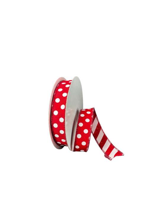 Double Sided Red Dot and Stripe – 7/8" x 10 Yards, Christmas Ribbon, Valentine Ribbon, Holiday Wreath Ribbon, Craft Supplies