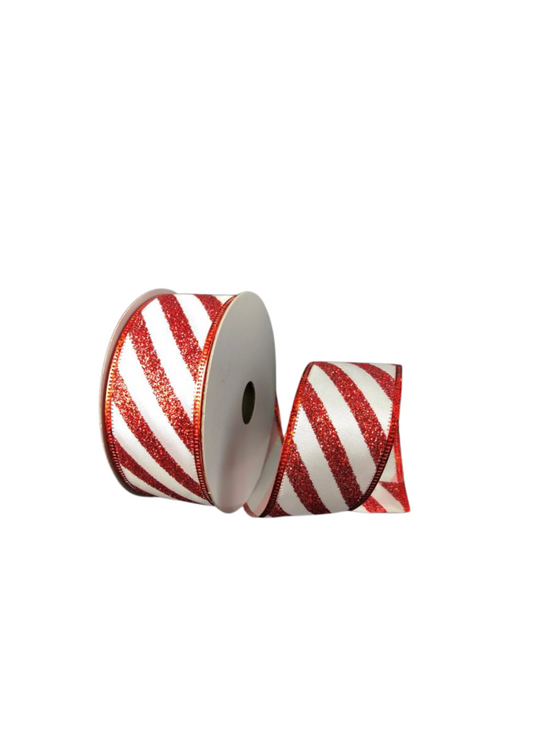 Classic Peppermint Diagonal Striped Wired Ribbon  – 1.5" x 10 Yards, Holiday Wreath Ribbon, Craft Supplies, DIY Supplies