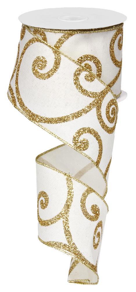 White and Gold Bold Scroll Wired Ribbon – 2.5" x 10 Yards, Holiday Wreath Ribbon,  Craft Supplies